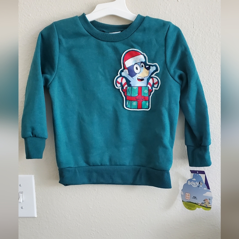 Nwt Bluey Kids' Teal Christmas Wishlist Sweatshirt